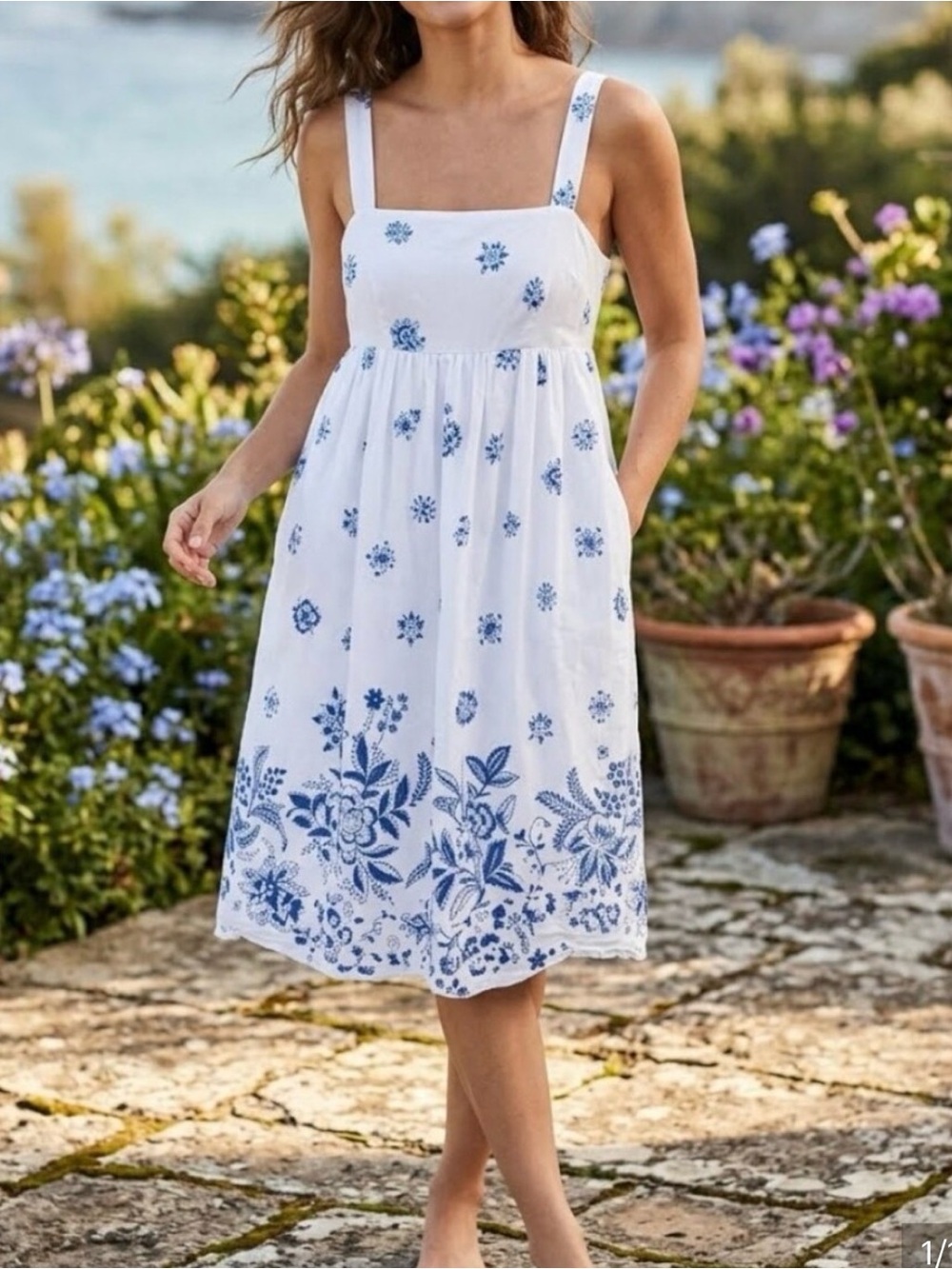 GAP White Midi Dress with Blue Floral Border